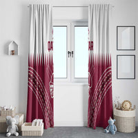 Maroon and white Qatar cricket window curtains with fanlike pattern and player graphic