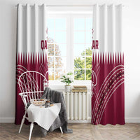 Red maroon Qatar cricket curtain panels with white player and fan pattern on window