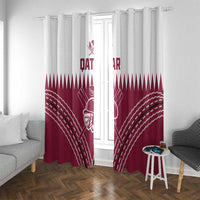 Maroon and white Qatar cricket window curtains framing a small window