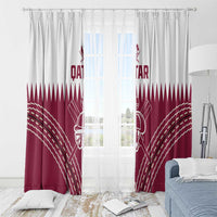Qatar cricket window curtains with maroon panels and white player emblem behind sheer light