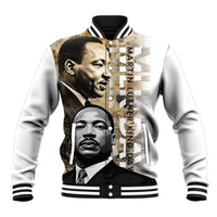 White unisex baseball jacket with black striped collar and cuffs, MLK graphic front