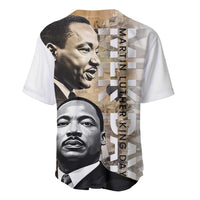 White short-sleeve baseball jersey with MLK faces print and vertical "MARTINLUTHERKINGDAY" text