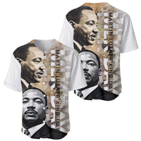 Set of two white baseball jerseys with MLK portrait prints and vertical text, short sleeves