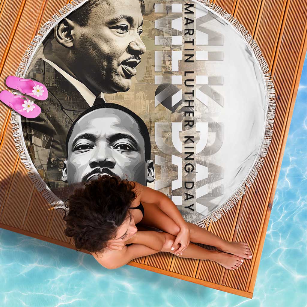 Fringed round beach blanket featuring two MLK portraits with “Martin Luther King Day” text