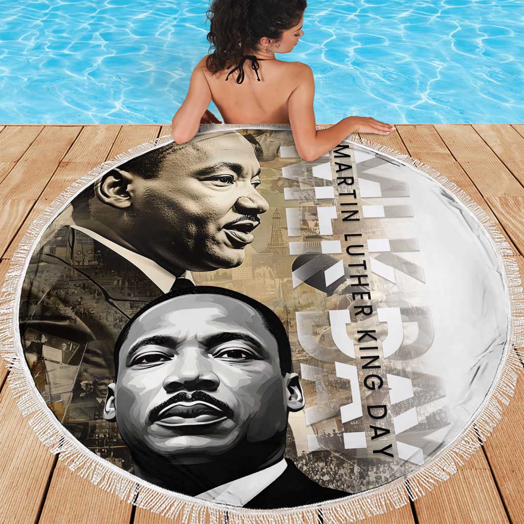 Fringed round beach blanket with MLK portraits and “Martin Luther King Day” lettering