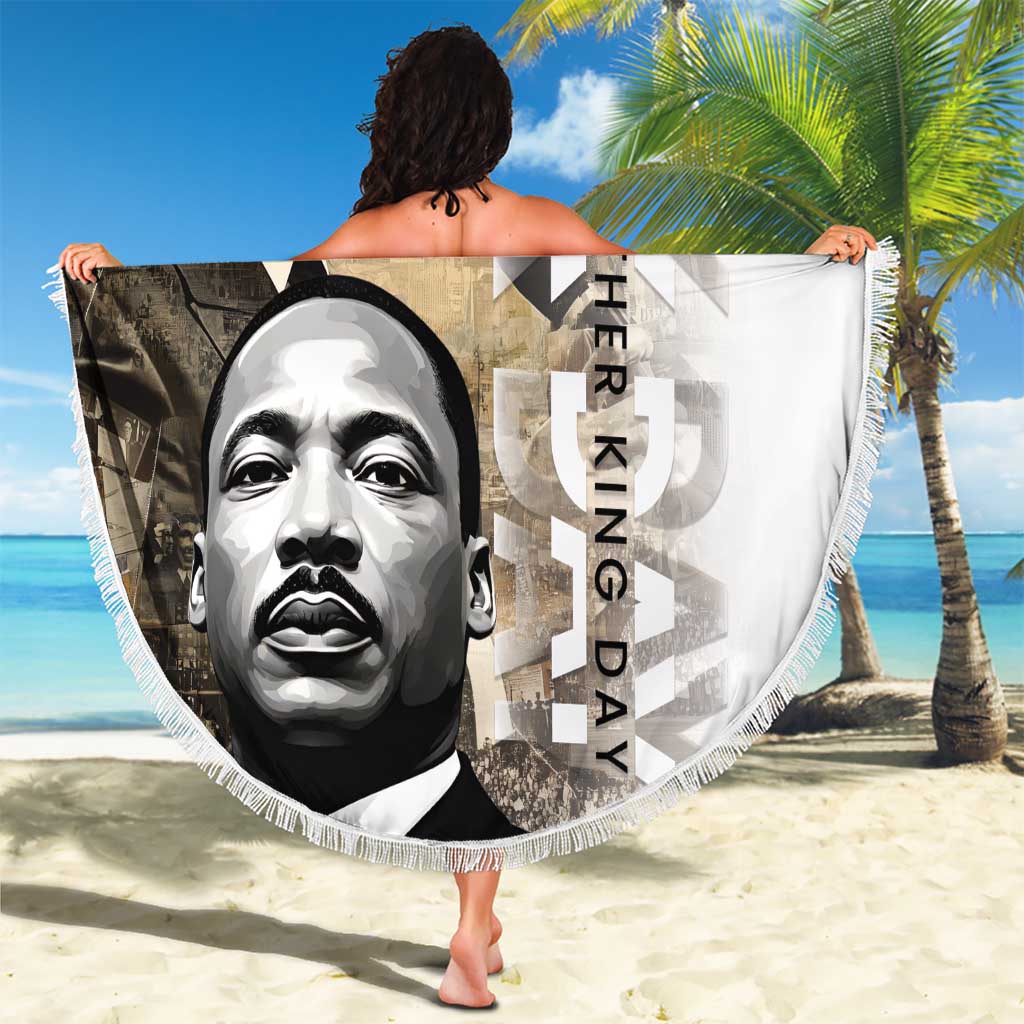 Large round MLK-themed beach blanket with two portrait images and “Martin Luther King Day”