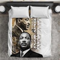 White bedding set with MLK portrait duvet centered and two pillowcases, top-down