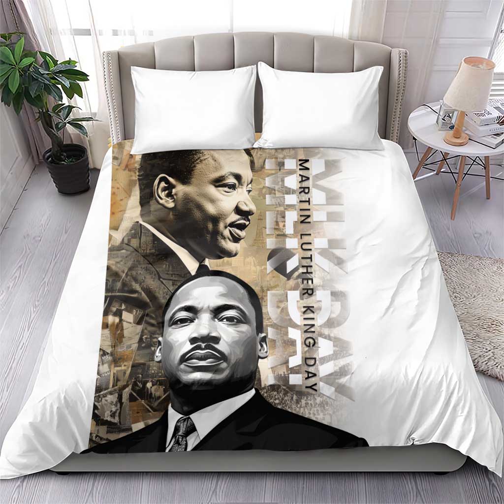 White bedding set with MLK portrait duvet and two pillowcases, living-room bed view
