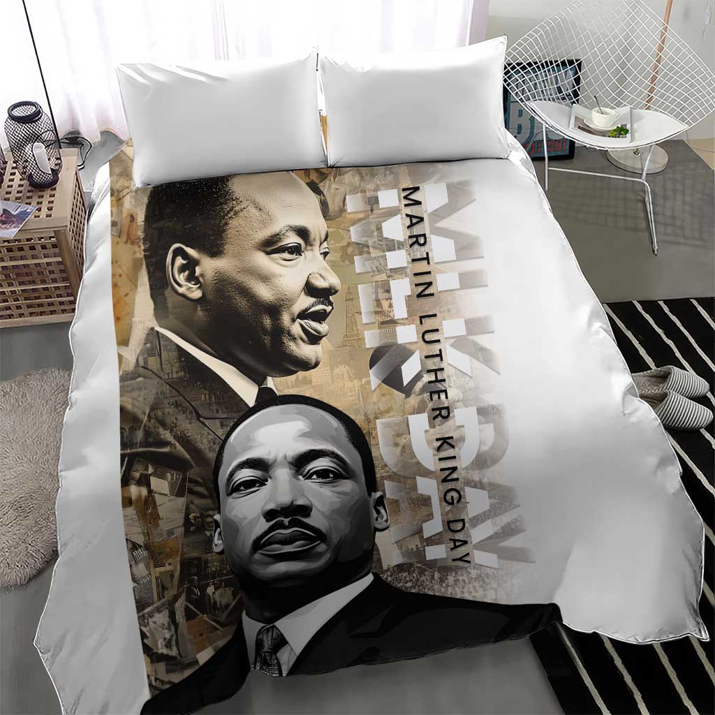 White bedding set with MLK portrait print duvet and two matching pillowcases