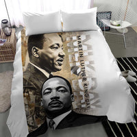 White bedding set with MLK portrait print duvet and two matching pillowcases