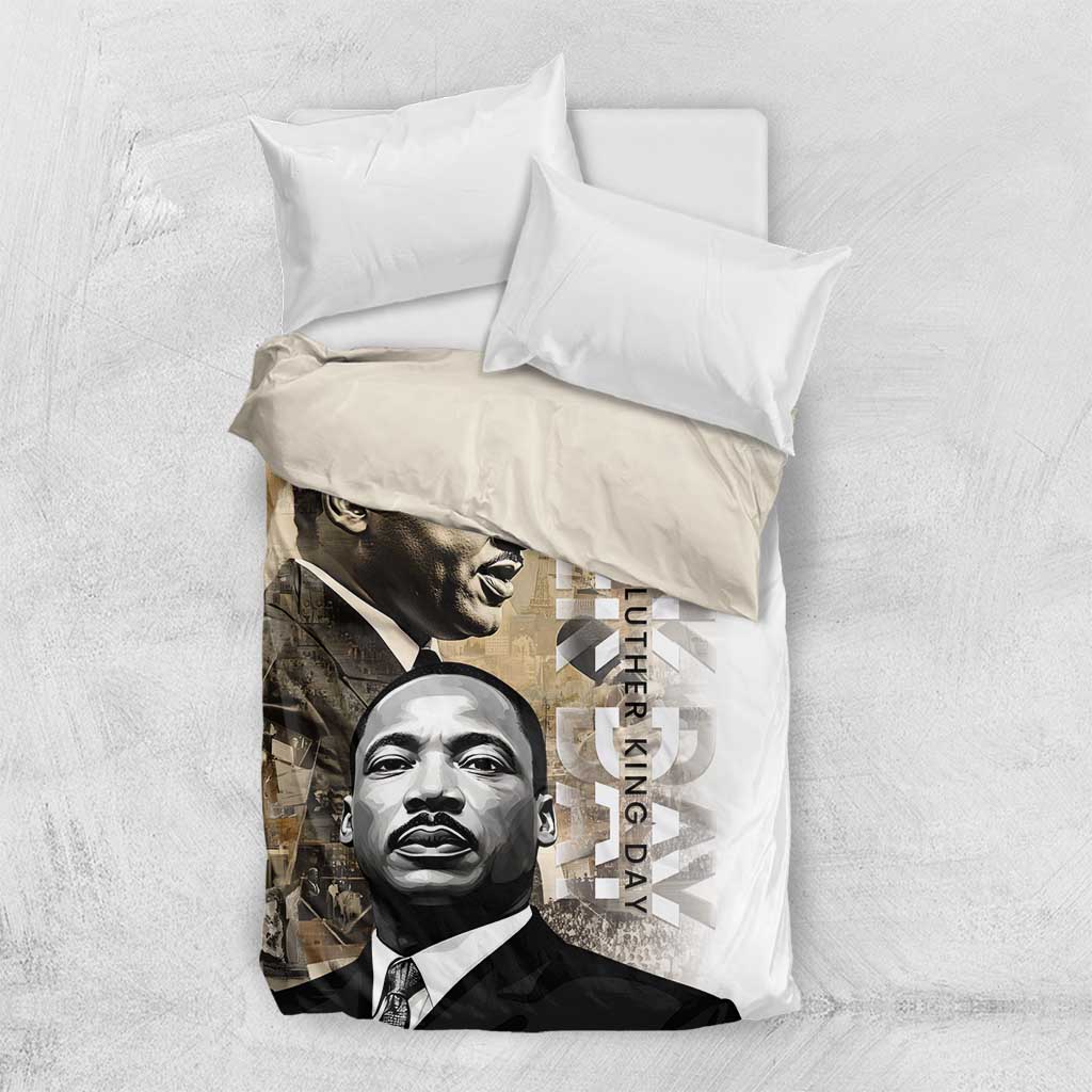 White bedding set with MLK portrait duvet and two square pillowcases on light bedding