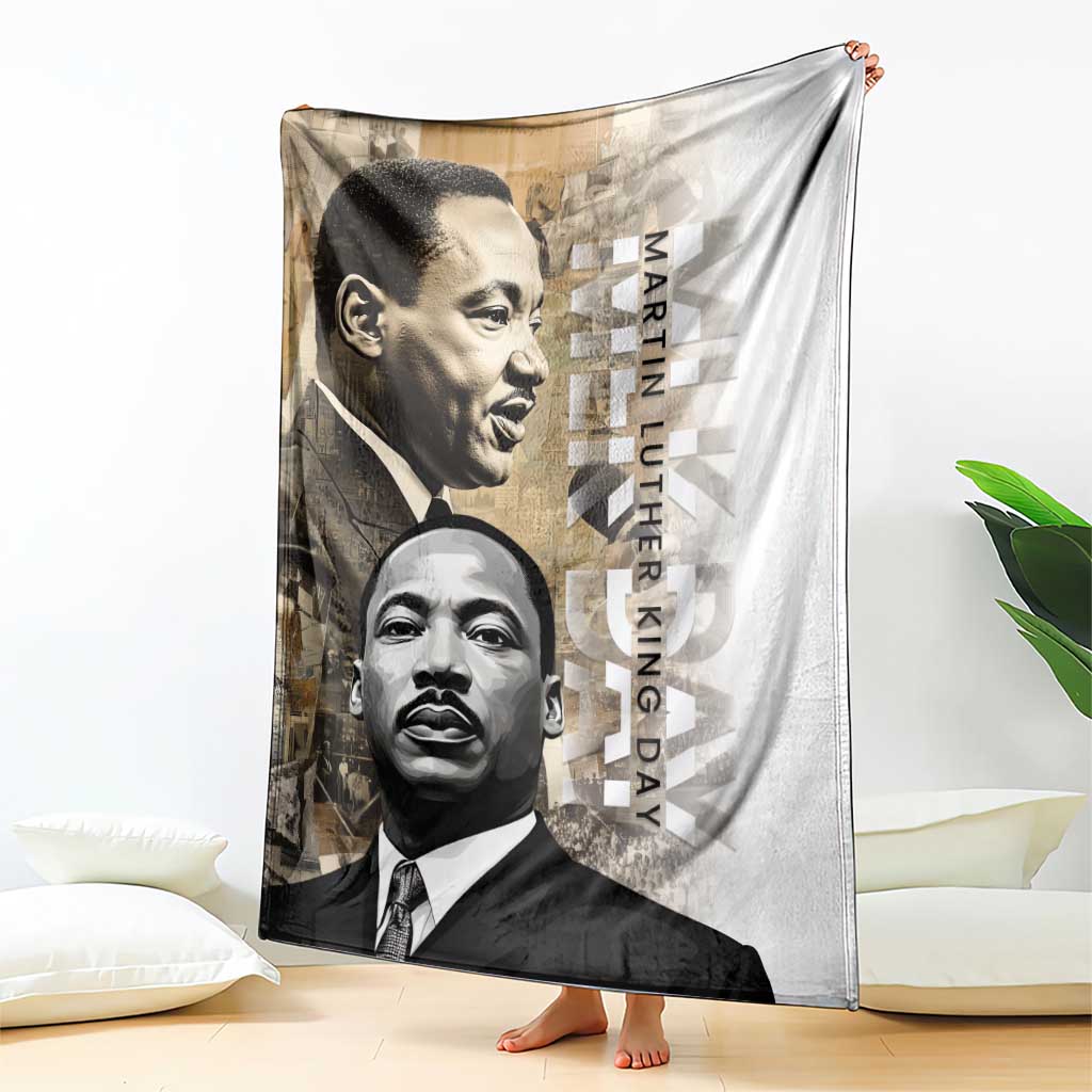 White blanket with large grayscale portraits and vertical “Martin Luther King Day” text
