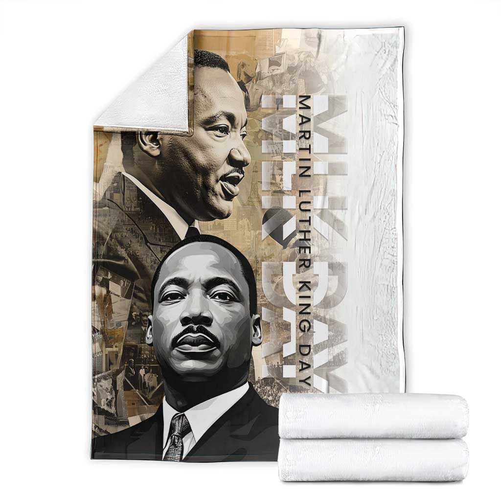 Folded white blanket with grayscale portrait print and vertical “Martin Luther King Day” text