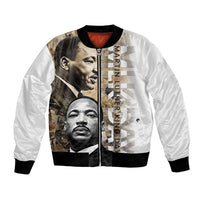 White unisex bomber jacket with black rib trim; MLK face collage front print