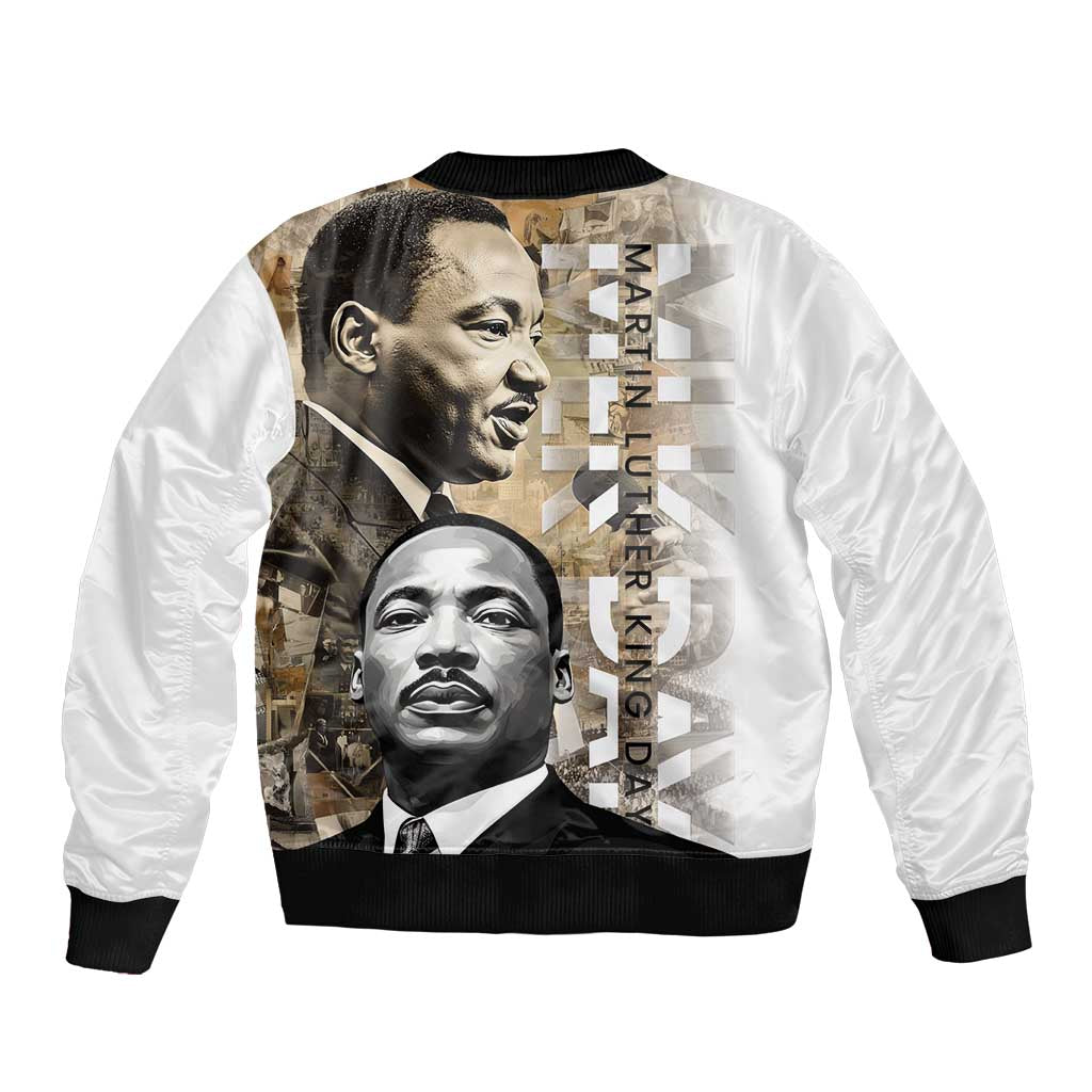 White unisex bomber jacket with black rib trim; large MLK collage and vertical text back
