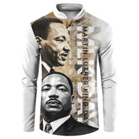 White button-front sweatshirt with MLK portrait collage and vertical 'Martin Luther King' text