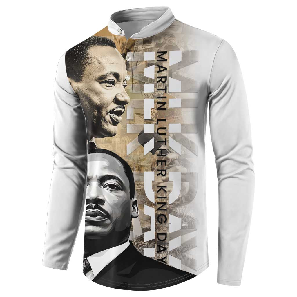 White button-front sweatshirt with MLK portrait collage, 'Martin Luther King Jr' vertical text