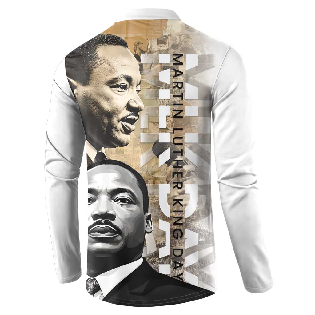 White button-front sweatshirt with back MLK portrait graphic and vertical 'Martin Luther King' text