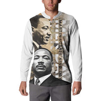 White button-front sweatshirt with MLK portrait collage and vertical 'Martin Luther King' lettering