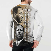 White button-front sweatshirt back graphic with MLK portraits and vertical 'Martin Luther King' text