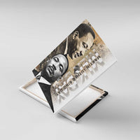 MLK Day canvas print angled on stand with two portraits and vertical lettering