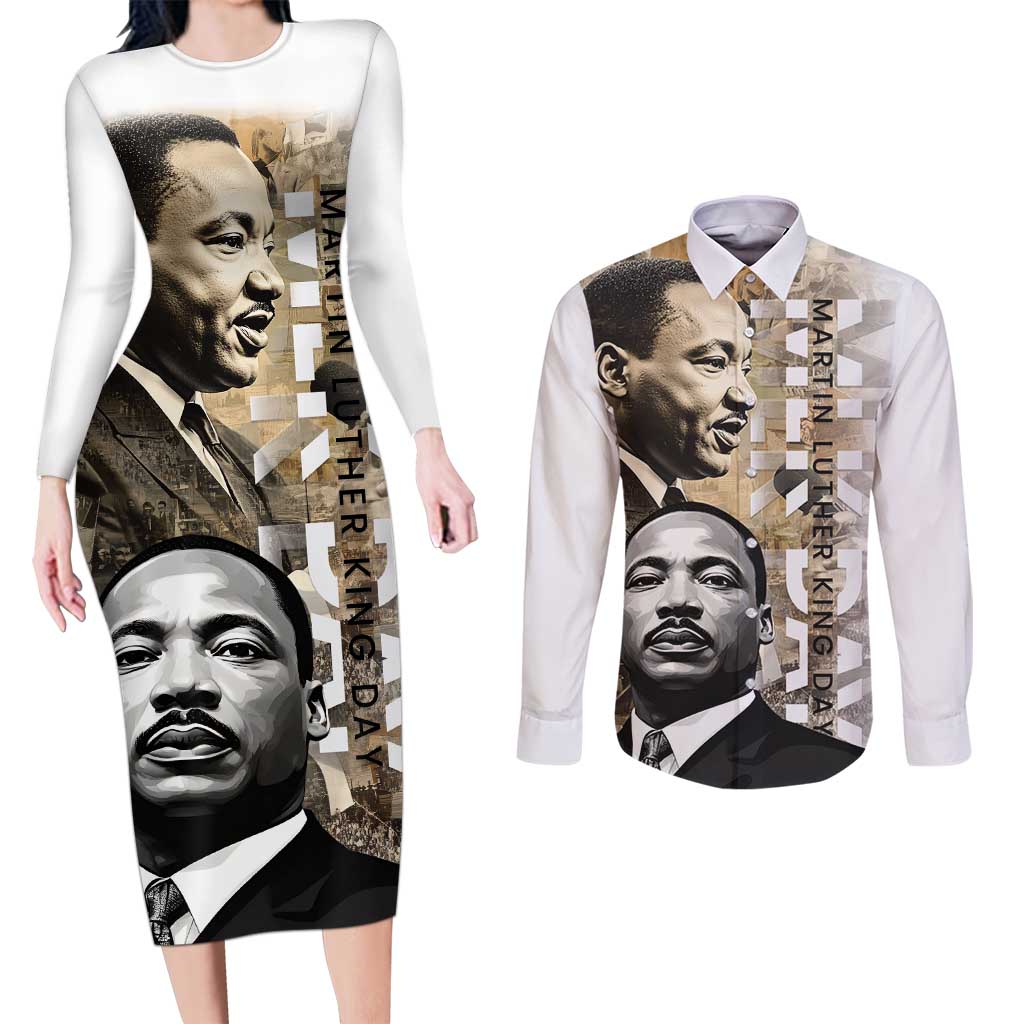 Martin Luther King Jr Day Couples Matching Long Sleeve Bodycon Dress and Long Sleeve Button Shirt MLK His Dream Still Matters - Wonder Print Shop