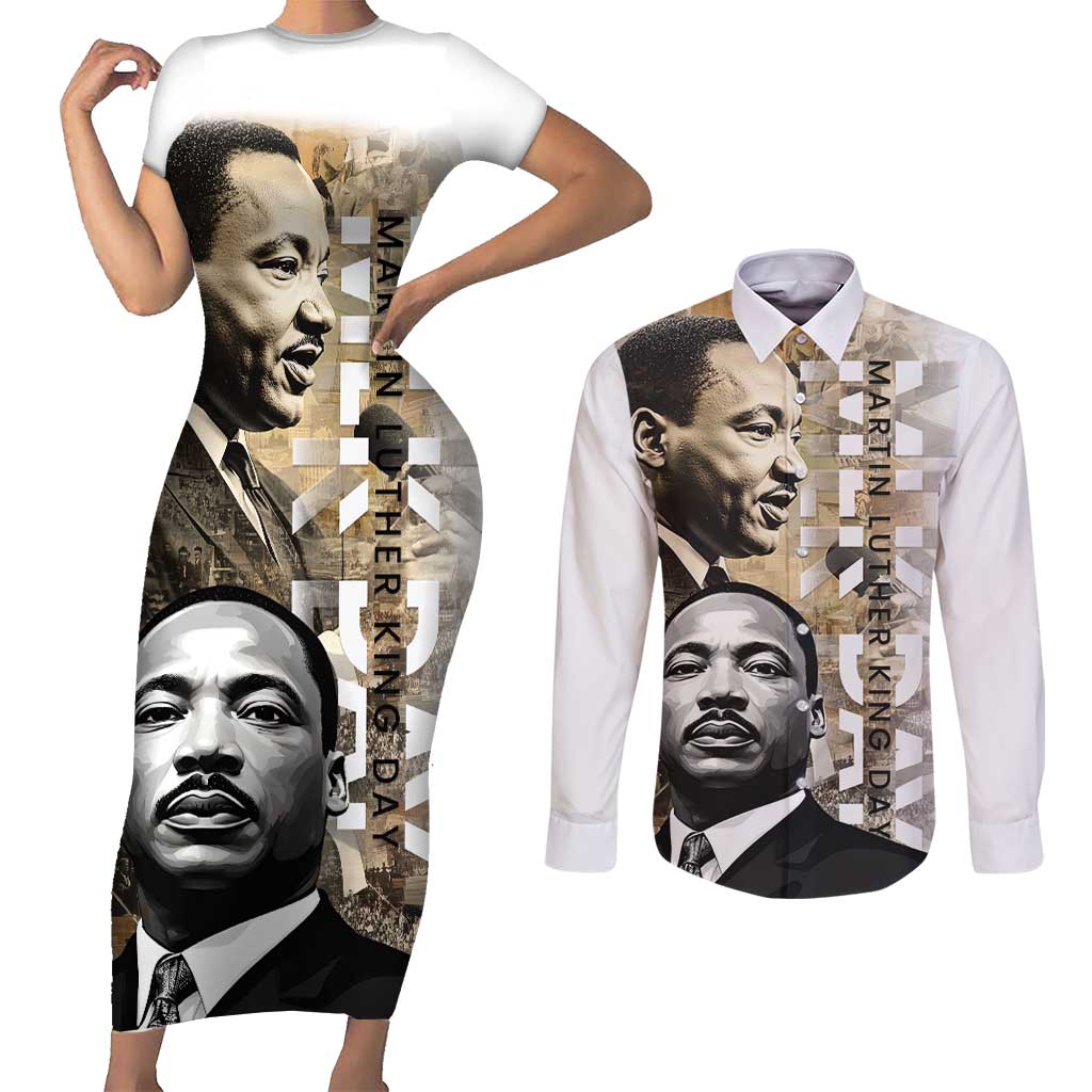 Martin Luther King Jr Day Couples Matching Short Sleeve Bodycon Dress and Long Sleeve Button Shirt MLK His Dream Still Matters - Wonder Print Shop