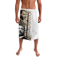 White lavalava wrap skirt with MLK portraits and vertical text print
