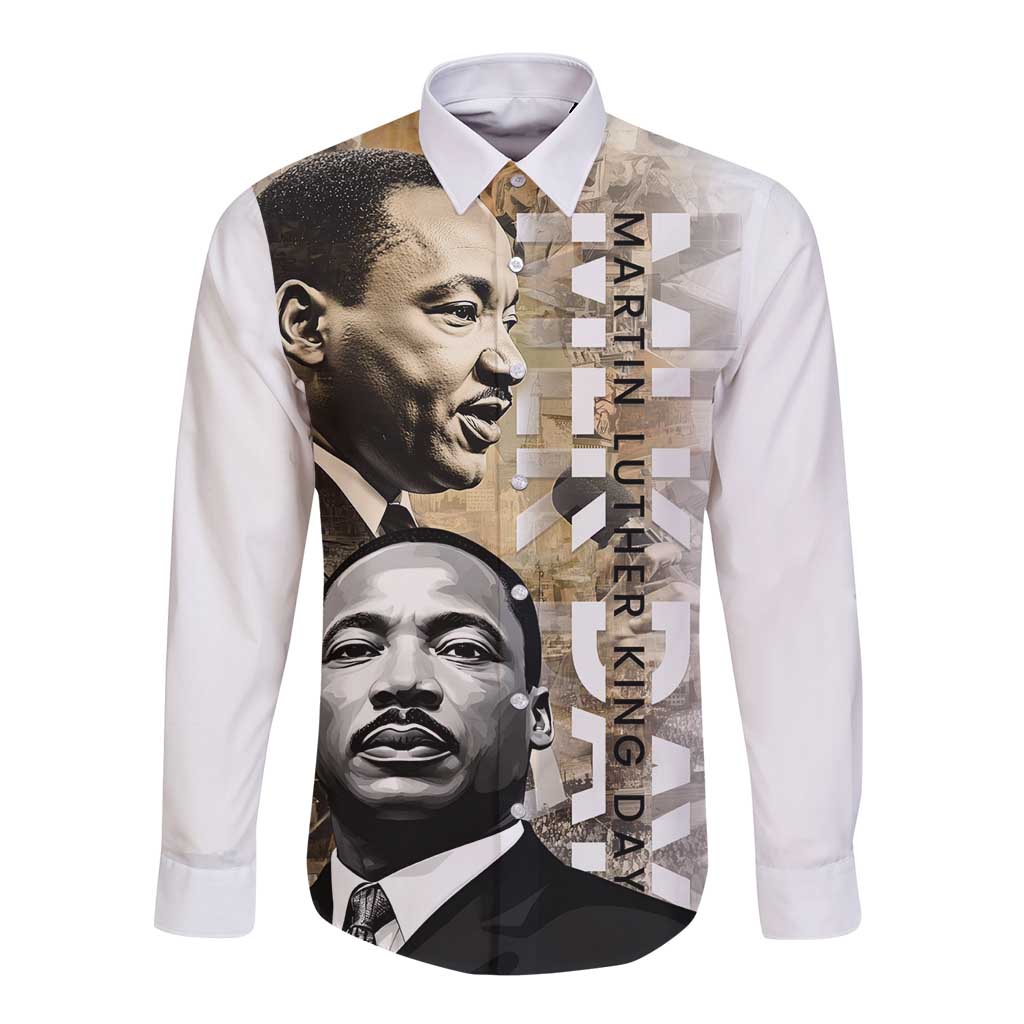 White long-sleeve button shirt with MLK portrait graphic on front