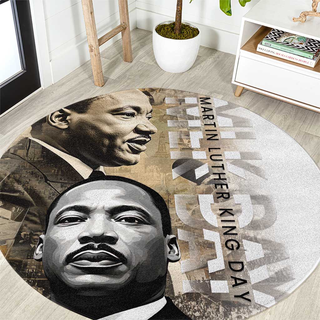 Round area rug with monochrome MLK portraits and vertical 'Martin Luther King Day' text