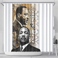 White shower curtain featuring two MLK portraits and vertical 'Martin Luther King Day' text