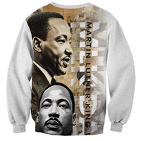 Unisex white sweatshirt with MLK portraits and vertical MARTIN LUTHER KING text
