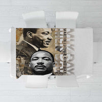 White tablecloth panel with black-and-white MLK portrait and vertical text design