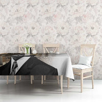 White tablecloth with black-and-white MLK portrait graphic, set across a dining table