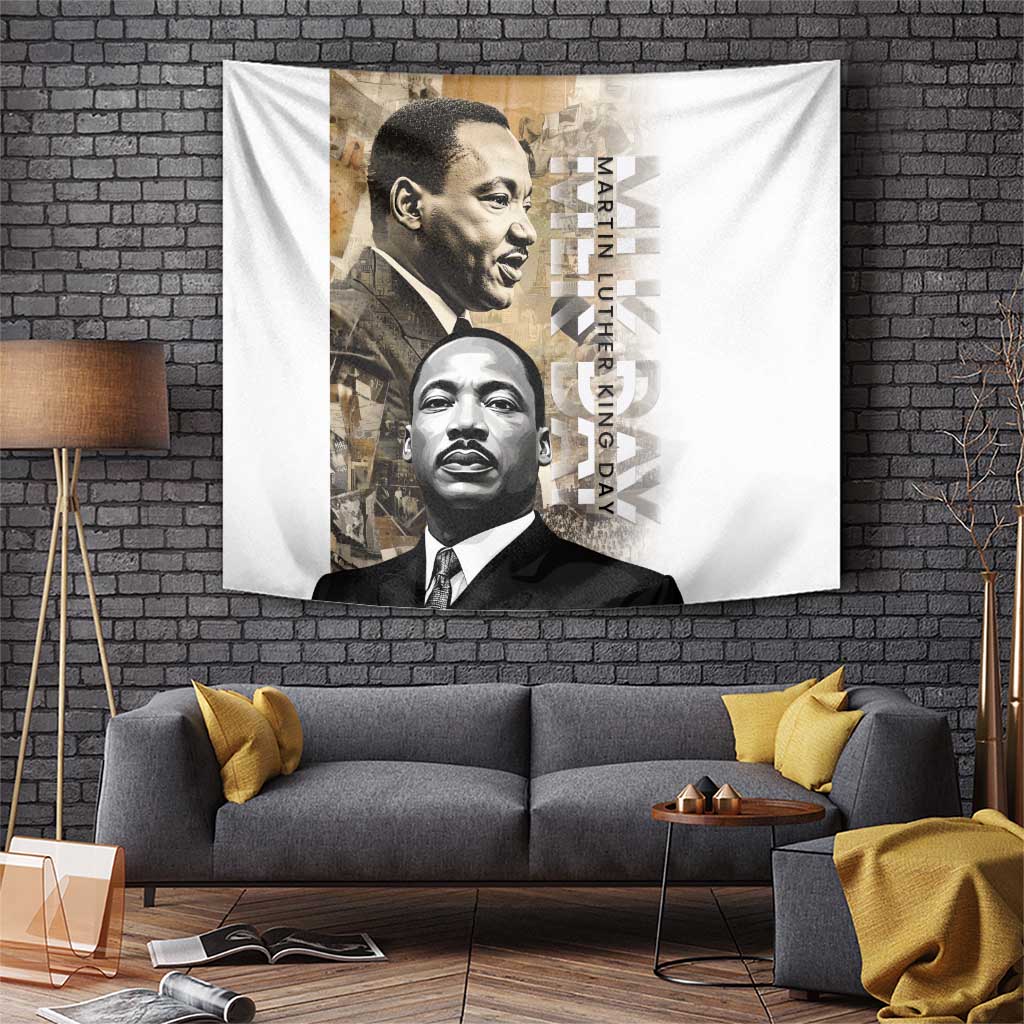 Martin Luther King Jr Day tapestry hanging on a brick wall with two portrait faces and text