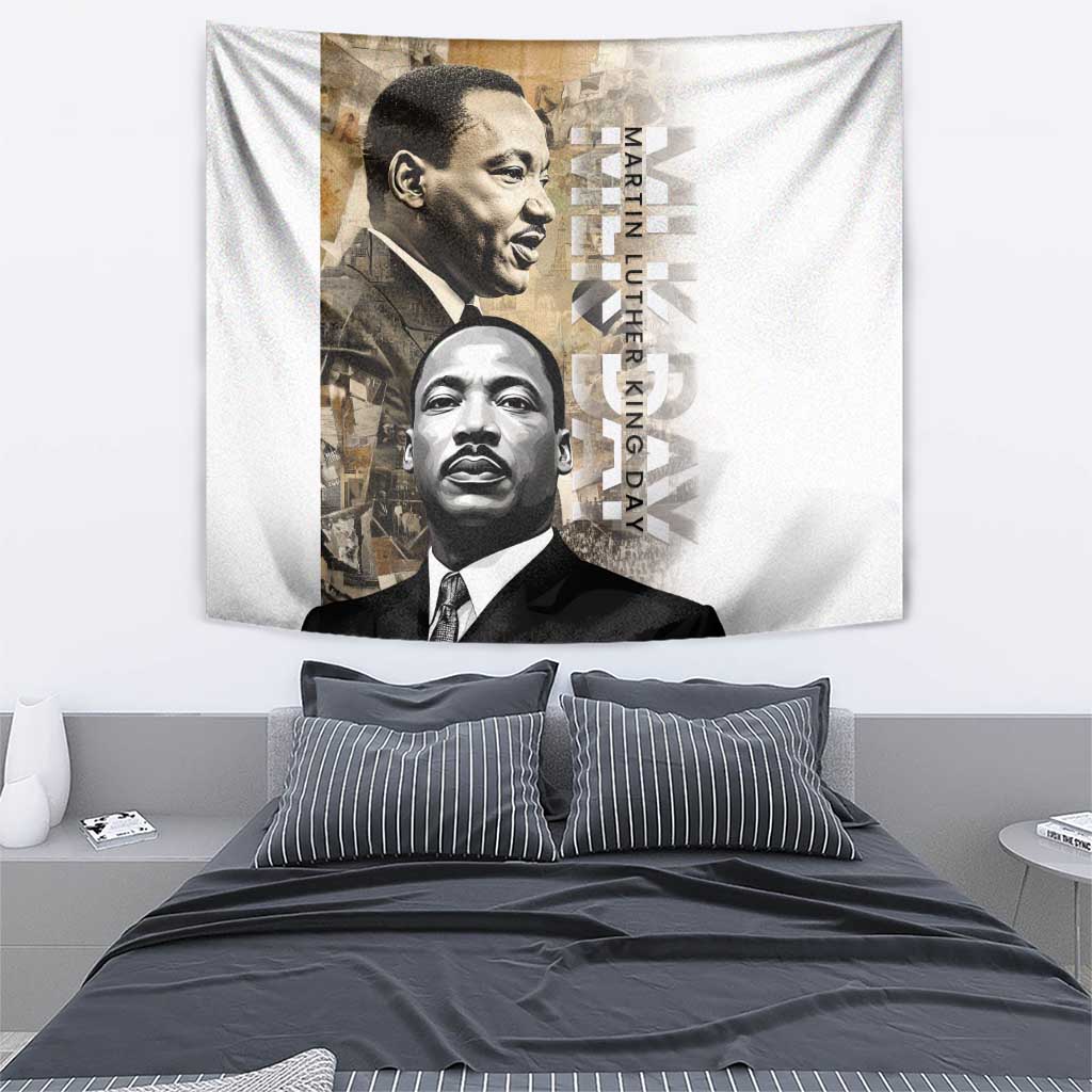 Martin Luther King Jr Day tapestry with two portraits and vertical slogan in light and dark tones