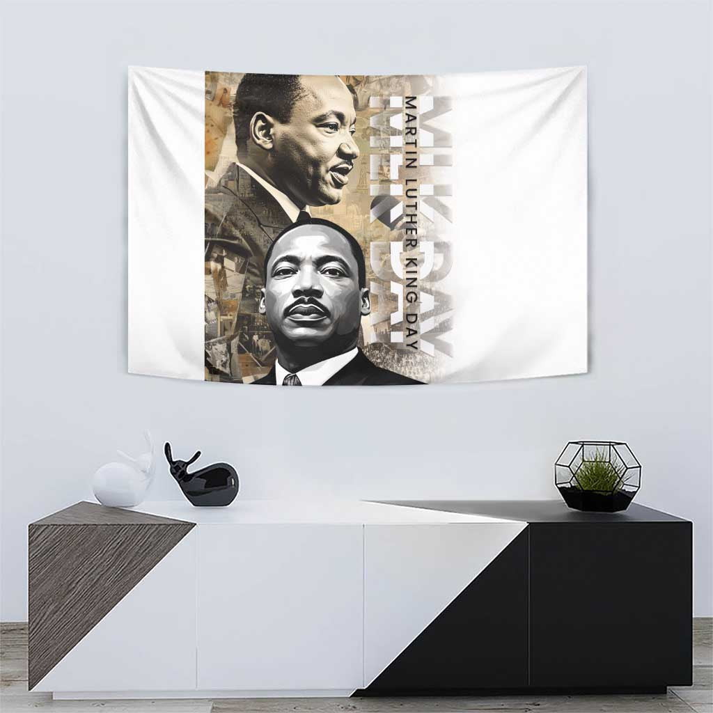 Martin Luther King Jr Day tapestry centered on wall featuring stacked portraits and vertical lettering