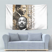 Martin Luther King Jr Day tapestry with two illustrated faces and vertical text on white background