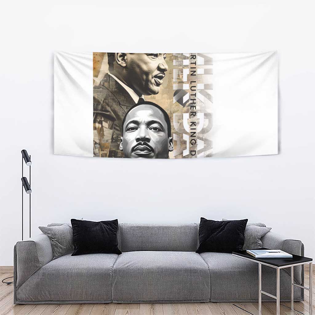 Martin Luther King Jr Day tapestry with two black-and-white portraits and vertical message