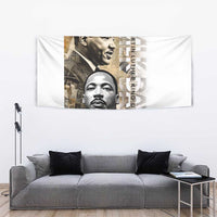 Martin Luther King Jr Day tapestry with two black-and-white portraits and vertical message