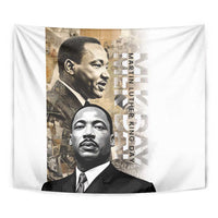 Martin Luther King Jr Day tapestry close-up showing two portraits and vertical message