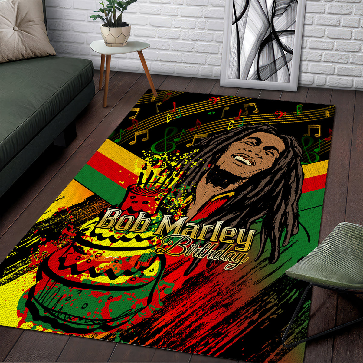 Black area rug with illustrated Bob Marley portrait, “Bob Marley Birthday,” and music notes