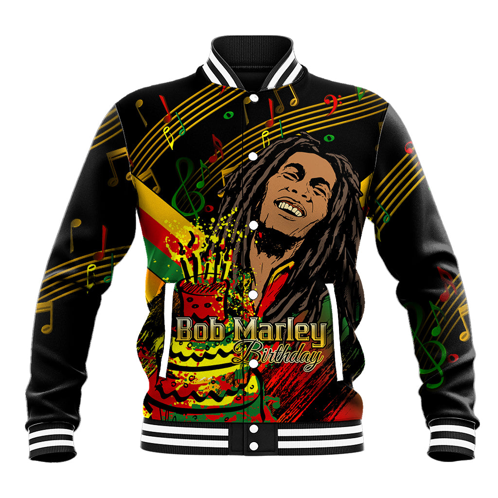 Black baseball varsity jacket with colorful Bob Marley Birthday graphic and striped cuffs