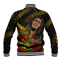 Black baseball varsity jacket with colorful Bob Marley portrait and striped ribbed hem