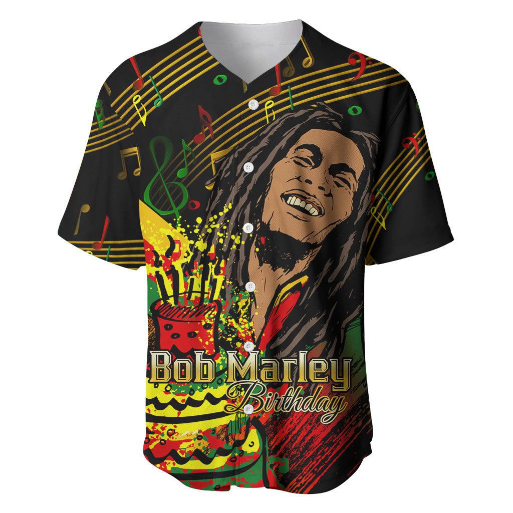 Black baseball jersey with front button placket, Bob Marley portrait and music-note artwork