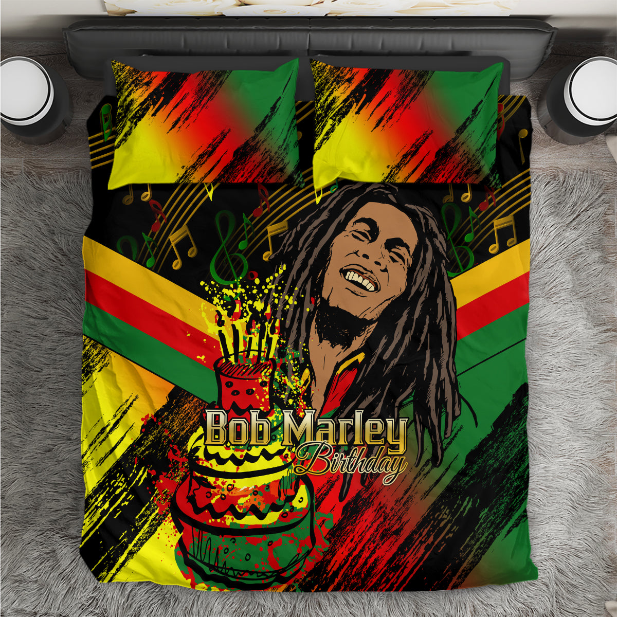 Colorful duvet cover with Bob Marley Birthday portrait, cake graphic, and matching pillows