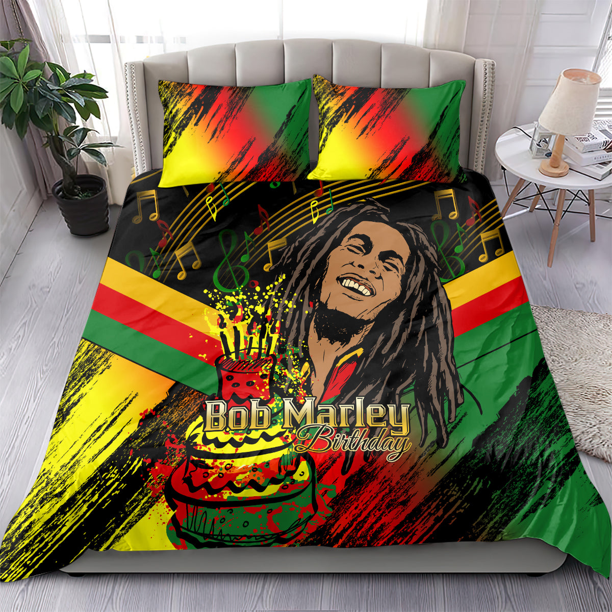 Bedding set with colorful duvet cover and pillows featuring Bob Marley Birthday portrait