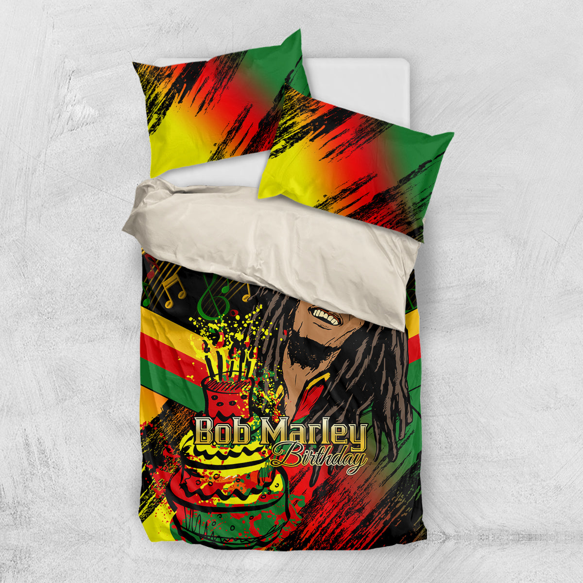 Bedding set with white sheet and colorful duvet featuring Bob Marley Birthday portrait