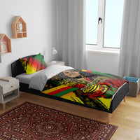 Bedding set with colorful duvet and two pillows featuring Bob Marley Birthday artwork
