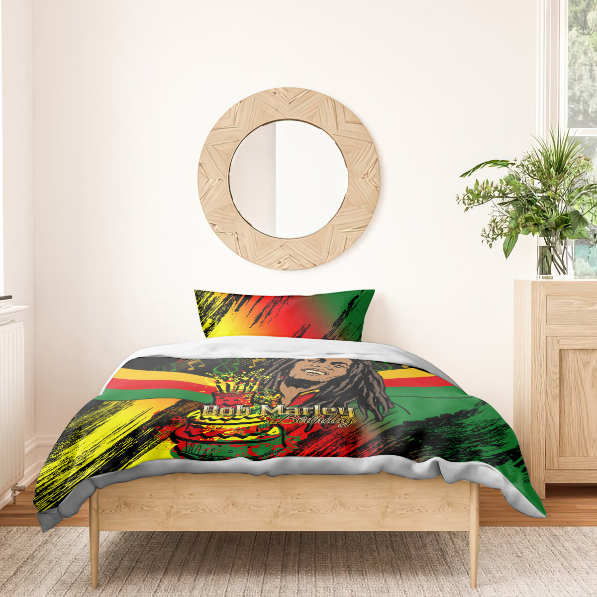 Bedding set with colorful duvet and pillows featuring Bob Marley Birthday artwork on bed